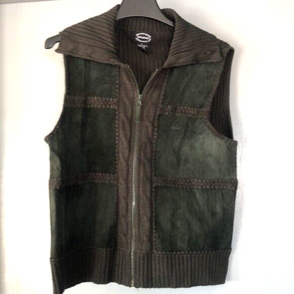 Designers Studio Originals Forest Green Leather Cable Knit Vest Y2K Zip front L - Picture 1 of 6